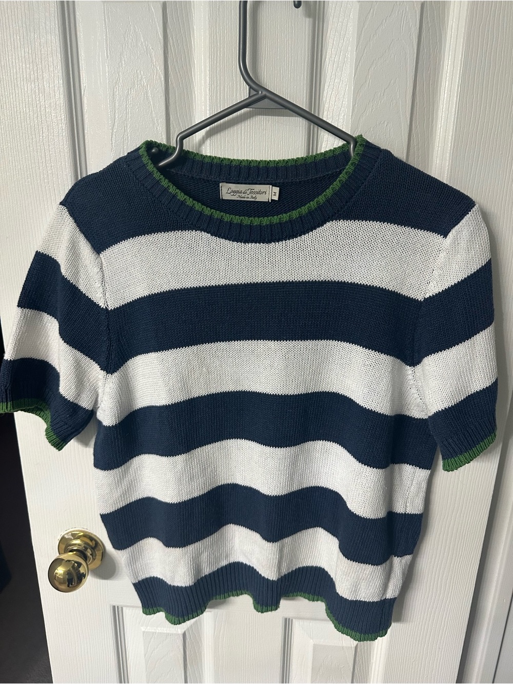 Striped Navy & White Short-Sleeve Knit Sweater with Green Trim